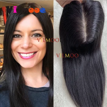 100% Remy Human Hair Šilko Pagrindo Viršų Hairpiece Moterų Įrašą Topper Natūralus Juodas Žmogaus Plaukų Gabalas 150% Tankis Vidurinė Dalis