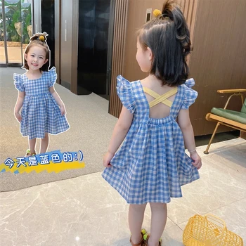 2023Summer Kūdikių Mergaitės 1-7Y korėjos Stiliaus Trumpos Pynimas Baby Blue Princess Dress Vaikų Šalis Pledas Suknelės Vaikas Drabužiai