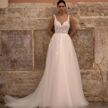 3D Gėlių Tiulio Vestuvių Suknelės Moterims Brangioji Nėrinių Korsetas Maxi Suknelė Backless Boho Vestido De Novia