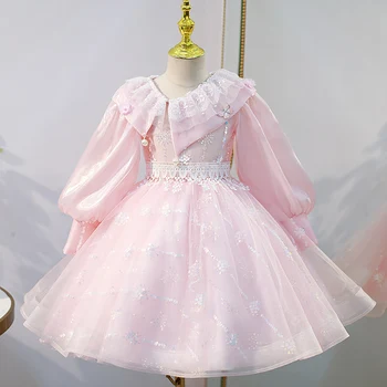 4-12Y Mergaitė Vaikai Trumpą Šifono Vakaro Suknelė Vaikų Rožinės spalvos Tiulio, Nėrinių Pirmosios Komunijos Suknelė Duobute China Žibintų Rankovėmis Suknelės