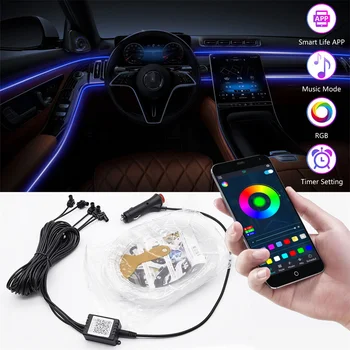6IN1 6M RGB LED Automobilių Aplinkos Vidaus apšvietimo su App Kontrolės Automobilį Optinio Pluošto Neon Atmosfera Juostelės Šviesos Dekoratyvinės Lempos