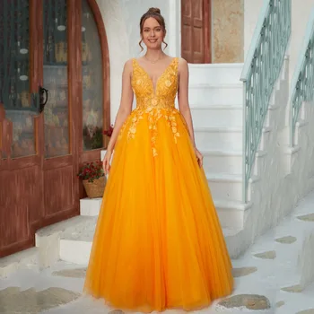 Adorza-Line Tiulio V-Kaklo Appliques Grindų Ilgis Elegantiškas Šalis Suknelė Moterims 2023