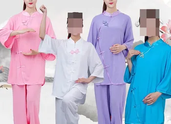 aukščiausios kokybės medvilnės&lino moterys vasarą trumpomis rankovėmis kung fu kostiumas wushu chi drabužių kovos menų uniformas, violetinė/sidabrinė