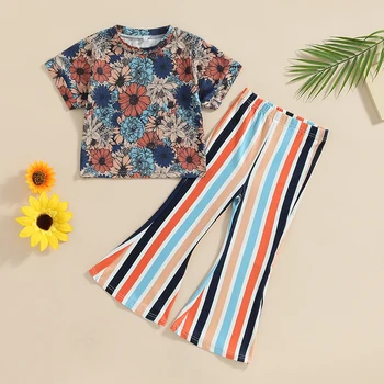 Bamblys Mergaičių Vasaros Drabužių Rinkiniai Gėlių Trumpomis Rankovėmis T-Shirt + Dryžuotas Flare Kelnės