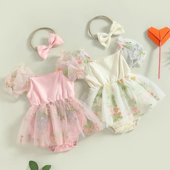 Citgeett Vasaros Kūdikiui Baby Girl Komplektus, Trumpas Sluoksniuotos Rankovėmis Gėlių Bodysuit Tiulio Suknelė, Lankelis Drabužių Rinkinys