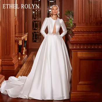 ETHEL ROLYN-Line Vestuvių Suknelė iki 2022 m. Madingas Backless ilgomis Rankovėmis Satino Nuotaka Subtilus Zawalcowany Varčias O-Kaklo Princesė Vestuvių Suknelė