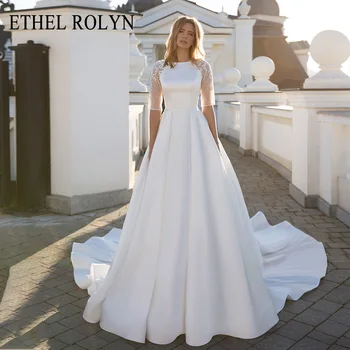 ETHEL ROLYN-Line Vestuvių Suknelė iki 2022 m. Subtilus Duobute Nėrinių Pusė Rankovės Backless Nuotaka Scoop Satino Princesė Vestuvinės Suknelės