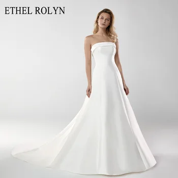 ETHEL ROLYN Paprasta Minkšto Satino Senovinių Vestuvių Suknelė iki 2022 m. Romantiška Stebėjimo Nuotakos Suknelės-Line Vestuvių Suknelės Vestido De Noiva
