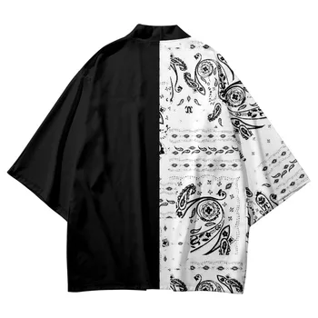 Japonijos Streetwear Megztinis Moterims Juoda Balta Spausdinti Skraiste Kimonos Harakuju Derliaus Samurajus Kostiumas Vyrams Haori Yukata Drabužiai