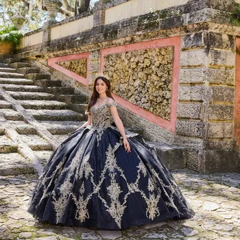 Juoda Charro Quinceanera Suknelės Kamuolys Suknelė Nuo Peties Tiulio Appliques Reljefiniai Meksikos Saldus 16 Suknelės 15 Anos