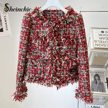 Korėjos Streetwear Y2k Mados Elegantiškas Raudonas Kutas Tvido Švarkas Moterims iki 2023 m. Pavasarį, Rudenį Prabanga Vilna & Mišiniai, Paltai Femme