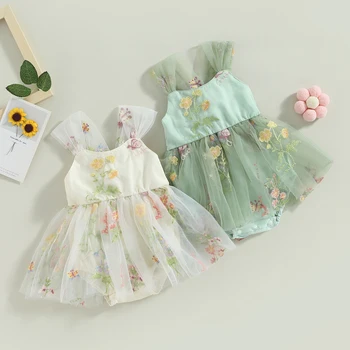 Kūdikių Mergaičių Romper Rankovių Siuvinėjimo Gėlės Drugelis Tiulio Kratinys Suknelė