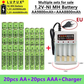 LUPUK - Naujas Didelės Talpos 1.2 Volt AA Įkraunamos Baterijos NI-MH Baterija, AA9800 mAh+AAA8800 mAh, Parduodamas su Įkroviklio Rinkinys