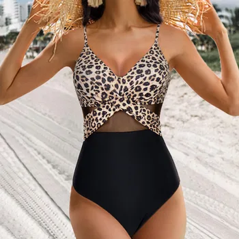 Maudymosi Kostiumėliai Moteris 2023 Vienas Gabalas Leopardas Spausdinti Maudymosi Kostiumėlį Iškirpti Aukšto Juosmens Maudymosi Kostiumą, Sexy V Kaklo Push Up Bikini Rinkiniai Paplūdimio