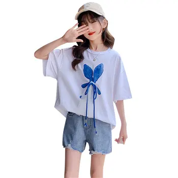 Mergina Drabužių Rinkiniai 2023 Naujas Vasaros Vaikai Medvilnės Lankas Marškinėliai + Džinsinio Šortai Vaikams Laisvalaikio Mada Dviejų Dalių Kostiumai Korėja Karšto Pardavimo