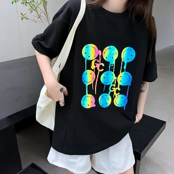 Moteriški marškinėliai Topai Japonijos Kawaii Ponios Ulzzang Tingus Atspindintis Smiley Veido Spausdinti Marškinėlius Moterų Harajuku Drabužiai Moterims