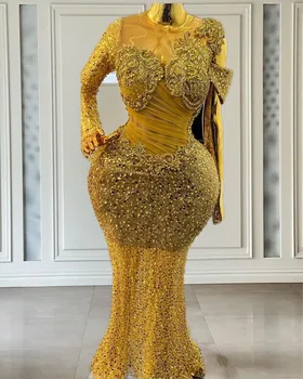 Nigerijos Stiliaus Aukso Vakaro Suknelės Ilgomis Rankovėmis China Duobute Undinė Prom Chalatai Moterų Plius Dydis Vestuvių Šalis Nešioti