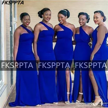 Paprasta Royal Blue Undinė Ilgai Afrikos Bridesmaid Dresses Su Plyšio Nėriniai Atgal Grindų Ilgis Didmeninė Tarnaitė Garbės Šalis Suknelė