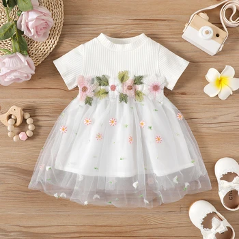 PatPat Suknelės, Kostiumas Kūdikiams iki 2023 m. mergytę Briaunoti Trumpas rankovėmis Spliced Gėlių Aplikacija Tinklelio Suknelė