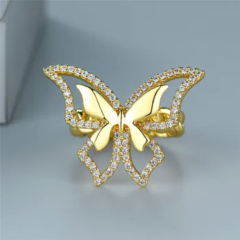 Prabanga Moterų Balto Akmens Reguliuojamas Žiedas Classic Geltonos Aukso Spalvos Vestuvinis Žiedas Crystal Butterfly Vestuvių Žiedai Moterims