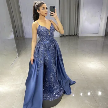 Prabanga Zawalcowany Dubajus Blue Undinė vakarinę Suknelę, su Nuimamu Sijonu Spageti Dirželis arabų Prom Oficialią Chalatai Moterims Vestuvių