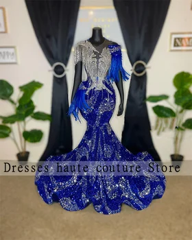 Prabangių Blizgančių Royal Blue Undinė Prom Dresses 2023 Karoliukai, Kristalų Plunksnų Tassles Šalis Suknelė Oficialų Vakarinę Suknelę
