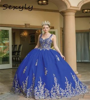 Princess Blue Quinceanera Suknelės 2023 Saldus 15 Metų Promenadzie Suknelė Spagečiai Dirželiai Appliques Nėrinių Šokių Oficialus Konkurso Chalatai