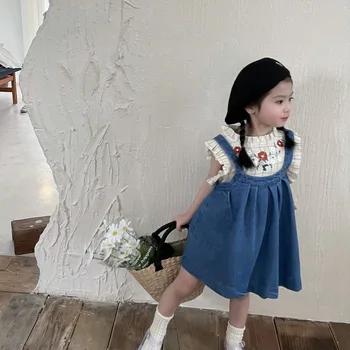 Princesė Merginos Vasarą Naujas Pledas Išsiuvinėti Viršuje Moterų Kūdikių Korėjos Versija Vaikams.·Drabužių Plaukioja Rankovės Gėlių Marškiniai, Liemenė