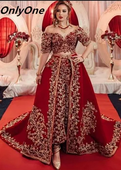 Raudonas Dviejų dalių Tradiciniai vakarinių Suknelių, Su Nuimamu Traukinio nuo Peties arabų Vestuves Dėvėti Prom Chalatai
