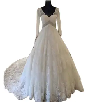 Romantiška A-line Wedding Suknelė Su Vien Liemenė ilgomis Rankovėmis V-kaklo, Nuotakos Suknelės Derliaus Duobute Nėrinių Princesė Vestido De Noiva
