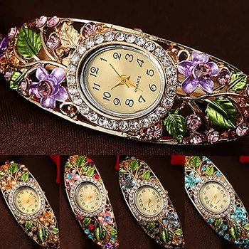 Senovinių Moterų Žiūrėti Lady Laikrodis Crystal Spalvos Gėlių Bangle Apyrankės Žiūrėti Kvarcinis Analoginis Ažūrinės Figūrinių Deimantų Žiūrėti Reloj Mujer