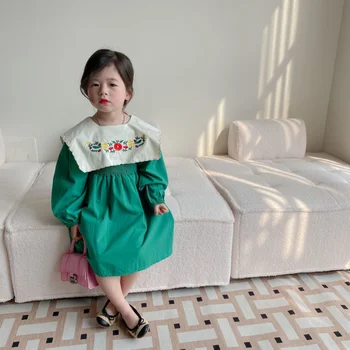 Vaikų Drabužiai 2023 Pavasario Naujų Mergaičių Suknelė Siuvinėjimo Lėlės Apykakle Ilgomis Rankovėmis Medvilnės Princesė Suknelės Vaikams, Vaikiška Suknelė
