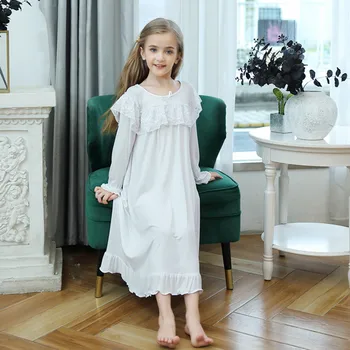 Vaikų Mergaičių Nėrinių Suknelė Vaikų Nightdress Vientisos Spalvos Pynimas Rudenį Ilgomis Rankovėmis Baltoji Princesė Suknelė Namų Skraiste Sleepwear Vestido