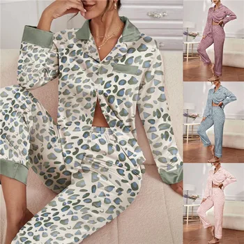Šilko Pižama nustatyti Moterų Vasaros ilgomis Rankovėmis Kelnės Dviejų dalių Komplektas Namų Drabužių Ponios Plonas Atsitiktinis Homewear Kostiumas Seksualus Sleepwear