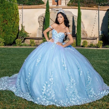 Šviesiai Mėlyna Brangioji Drugelis Quinceanera Suknelės Nėriniai Aplikacijos Saldus 16 Suknelė Meksikos Prom Chalatai 2023 Vestidos De XV Anos