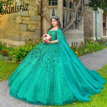 Žalia Blizgančių Quinceanera Suknelės Su Žaliuoju Kutai Saldus 16 Suknelės Kamuolys Suknelė 3D Gėlės Tiulio Gimtadienio Chalatai vestidos de 15