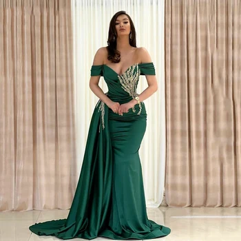 Žalia Prom Dresses Moterų Sexy Undinė Satino nuo Peties Aukso Appliques Vakarą Oficialią Šalies Chalatai 2023 Vestidos De Fiesta